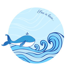 Whale cartoon illustration isolated on blue wave background, vector colorful doodle animal, round frame, Character design for greeting card, children invitation, baby shower, creation of alphabet