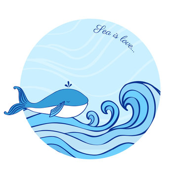 Whale cartoon illustration isolated on blue wave background, vector colorful doodle animal, round frame, Character design for greeting card, children invitation, baby shower, creation of alphabet