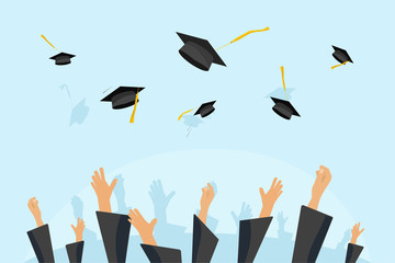 Graduating students hats or pupil hands in gown throwing graduation caps in the air, flying academic hats, throw mortar boards in the sky flat cartoon vector illustration clipart