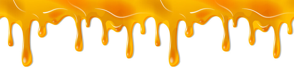 Realistic dripping seamless border golden yellow Honey or Sweet Jam. Flow liquid, drip wet. Thick Amber drops flow down - Seamless Vector pattern