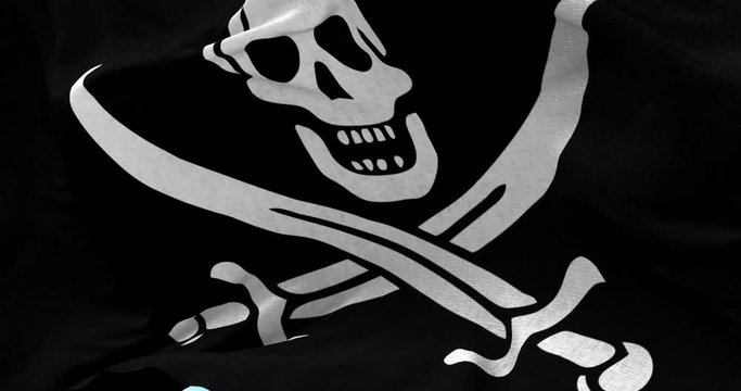Pirate Flag blowing in the wind, close up looped animation 4K, slowmotion