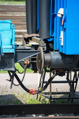 Close-up view of train coupler.