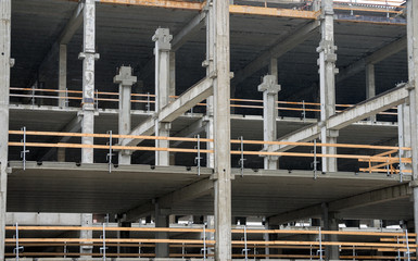 Large construction site with scaffolding building.