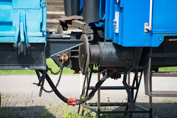 Close-up view of train coupler.