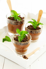 Chocolate peppermint mousse in glasses.