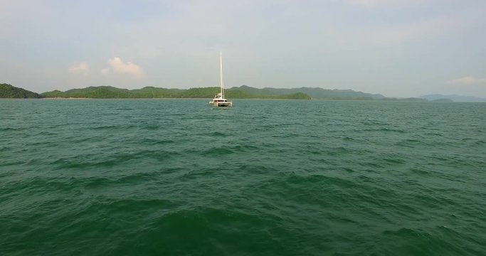 Aerial: Beautiful luxury yaht sailing in Andaman sea. Thailand. Phuket.