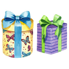 Watercolor birthday gift box illustration. Wrapped gift boxes with a ribbon.