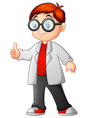Cute young scientist giving thumb up
