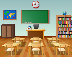 School classroom interior with chalkboard and desk