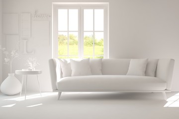 White room with sofa and green landscape in window. Scandinavian interior design. 3D illustration