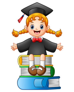 Happy graduate kid sitting on the top of book