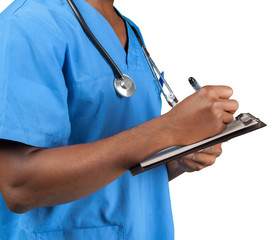 doctor with flip chart isolated on white