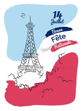 14 july Happy Bastille Day flyer, banner or poster. Holiday background with eiffel tower sketch and french flag background. Vector hand drawn illustration
