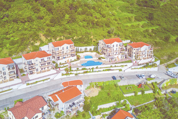 Top view of houses with a swimming pool