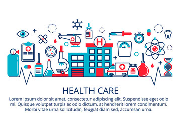 Flat line design website banner of healthcare, clinic and hospital facilities. Modern vector illustration for web design, marketing and print material.