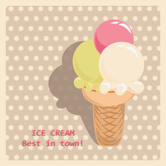 Ice cream. Three-in-one. Icon. Composition on a light background with a pattern, the signature and the shadow from the ice cream. Print design on paper, and the design of packaging materials.