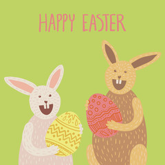Obraz na płótnie Canvas Square Easter card with bunny couple and eggs