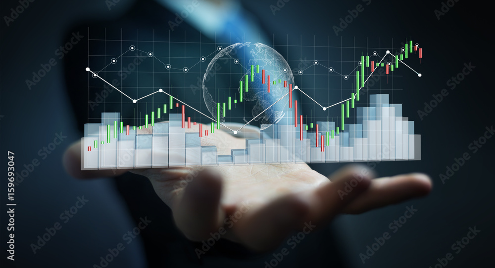 Poster Businessman using digital 3D rendered stock exchange stats and charts