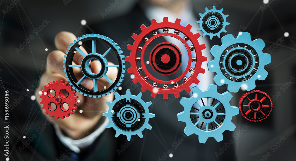 Poster businessman touching floating gear icons with a pen 3d rendering