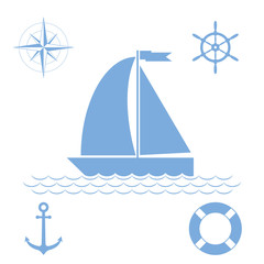 Set of sea icons: boat, steering wheel, compass, anchor, life ring, wind rose.