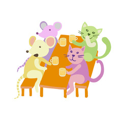 Company of cats and mice having fun in pub