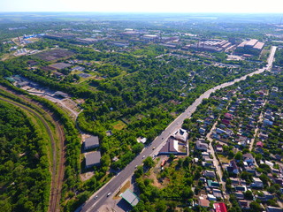 Aerial view. Houses, bridge and traffic in the city Dnepr, Ukraine.