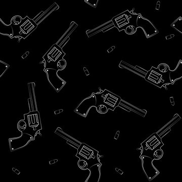 Seamless background with the image of a silhouette of a pistol and a bullet. Vector illustration. Simple seamless background.