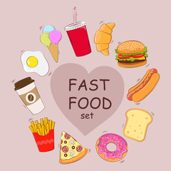 Fast food set. A set of food. Breakfast. Vector illustration.
