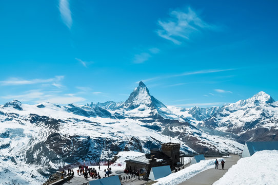 Gornergrat, Zermatt, Switzerland - April 20, 2017: View of Matterhorn mountain, Gornergrat, Switzerland