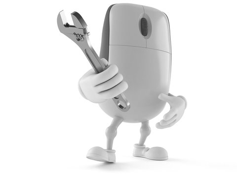 Computer mouse character holding adjustable wrench