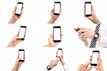 Obraz na płótnie Canvas Mockups set of male hand holding black cellphone isolated at white background.