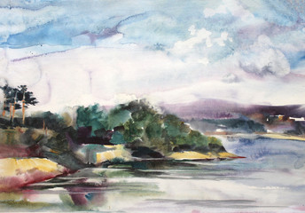 abstract watercolor landscape with river, hand drawn illustration