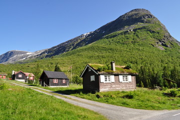 Wooden houses in Norway with grass on the roof. Classic old houses stand under high mountains.
