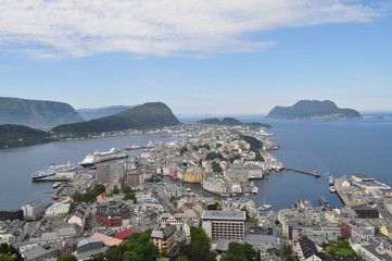 Alesund, Norway - view of the city and the surrounding mountains with the sea