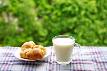 A glass of milk and croissants