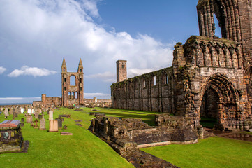 Afternoon sun-lit remains of a ruined cathedral in St Andrew, Scotland