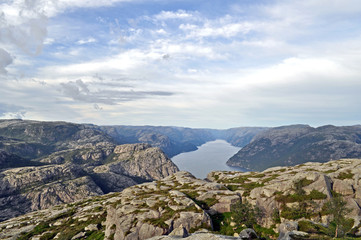 A mountainous landscape with a fjord in the south of Norway.