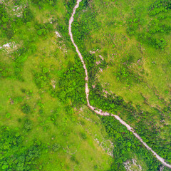 Top view of the river in the mountains surrounded by a green forest