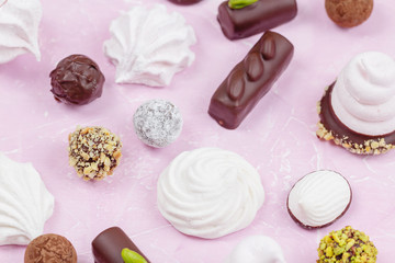 Fototapeta na wymiar Assortment of homemade sweets. Marshmallows and chocolates