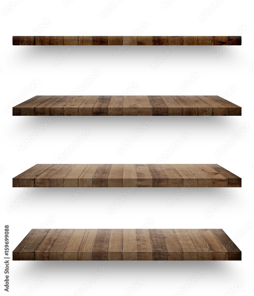 Wall mural Wooden shelf template set isolated on white background with clipping path