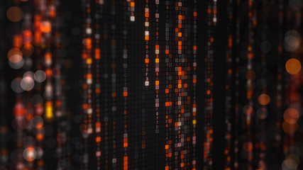 Orange matrix rain of digital HEX code with bokeh