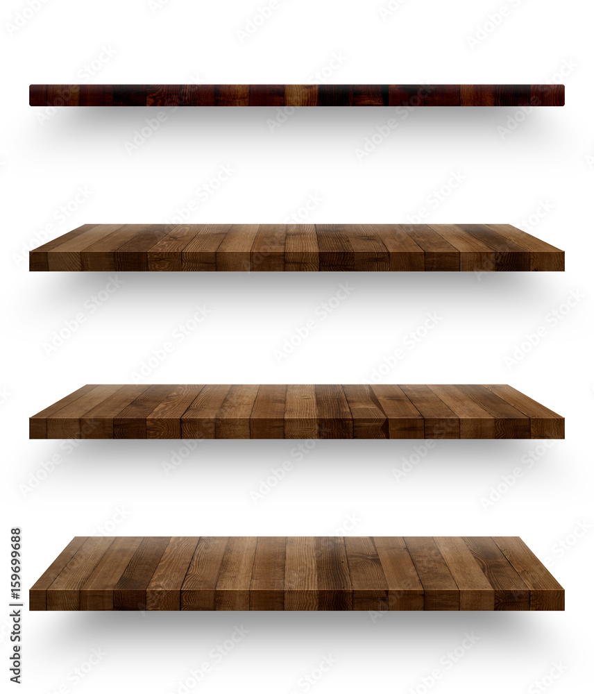 Wall mural Wooden shelf template set isolated on white background with clipping path