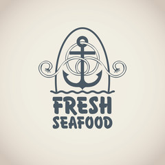 Obraz premium Vector emblem or banner for fresh seafood with an anchor, rope and words on the beige background in retro style.