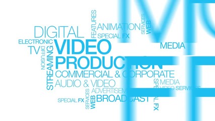 Digital video production corporate tag cloud animation blue words white background