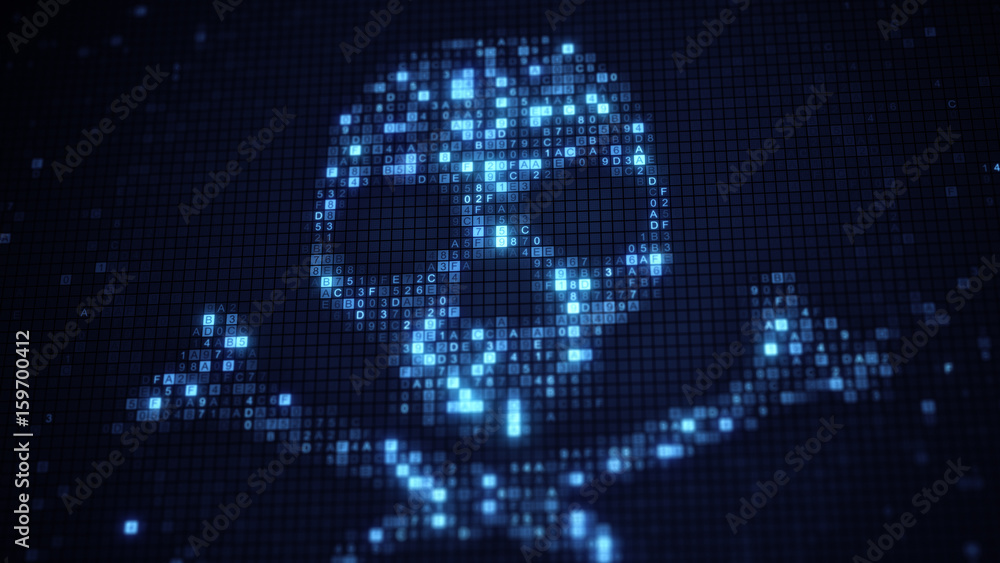 Poster blue skull shape of hex code on monitor