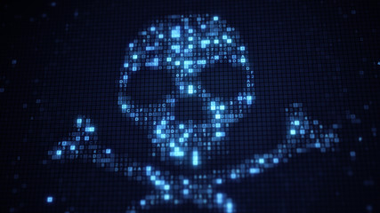 Blue skull shape of hex code on monitor