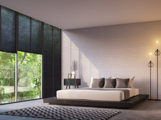 Modern loft bedroom with nature view 3d rendering image Furnished with Black wood furniture has concrete floor,white brick walls and large windows look out to nature. - obrazy, fototapety, plakaty