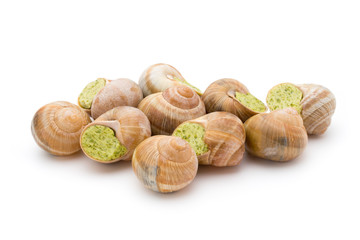 Cooked snails delicacy. French cuisine stuffed snails.