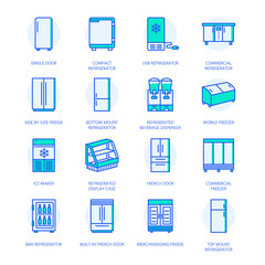 Refrigerators flat line icons. Fridge types, freezer, wine cooler, commercial major appliance, refrigerated display case. Thin linear colored signs for household equipment shop.