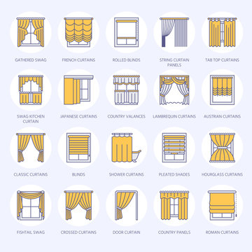 Window curtains, shades line icons. Various room darkening decoration, lambrequin, swag, french curtain, blinds and rolled panels. Interior design thin linear signs for house decor shop. Blue color.